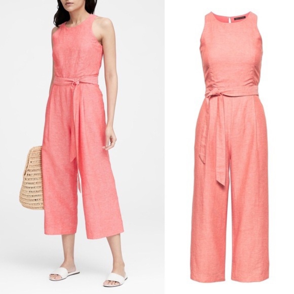 Banana Republic Linen Cropped Wide Leg Belted Coral Jumpsuit